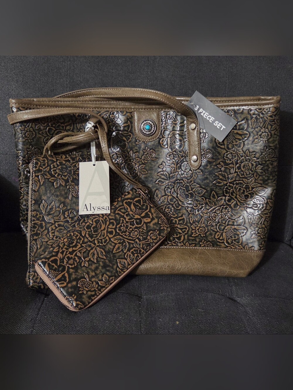 Brown Floral Embossed Tote Bag - 3 Piece Set